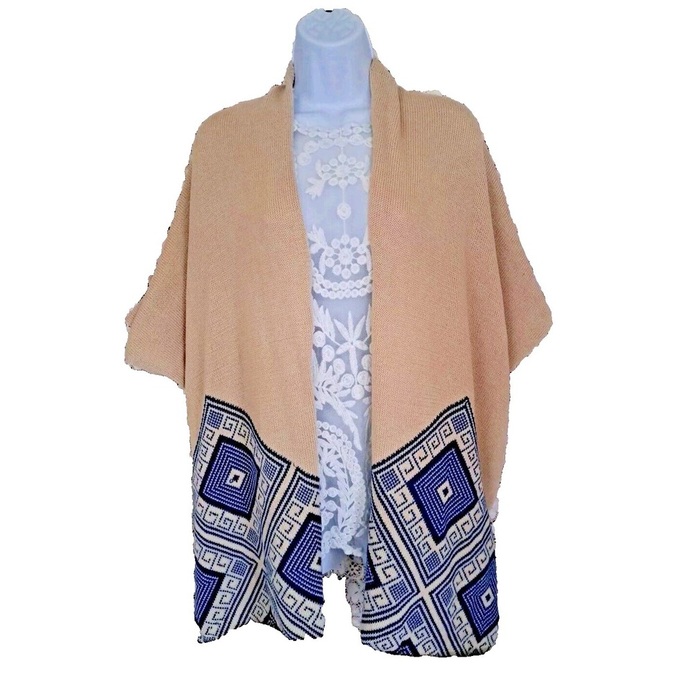 Maddison Sweater Shawl One Size Blue/Cream Aztec Print Open Front/Sides Fringe‎